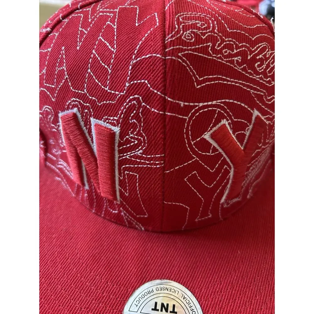 Y2K NY Red Hat White Stick Look Flat Bill New York Artsy 7 1/4 Retro RARE 90s